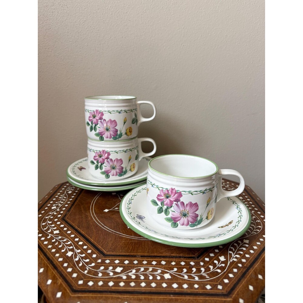 Vintage Studio Nova ‘Garden Bloom’ Stoneware Cups & Saucers (Set of 3)
